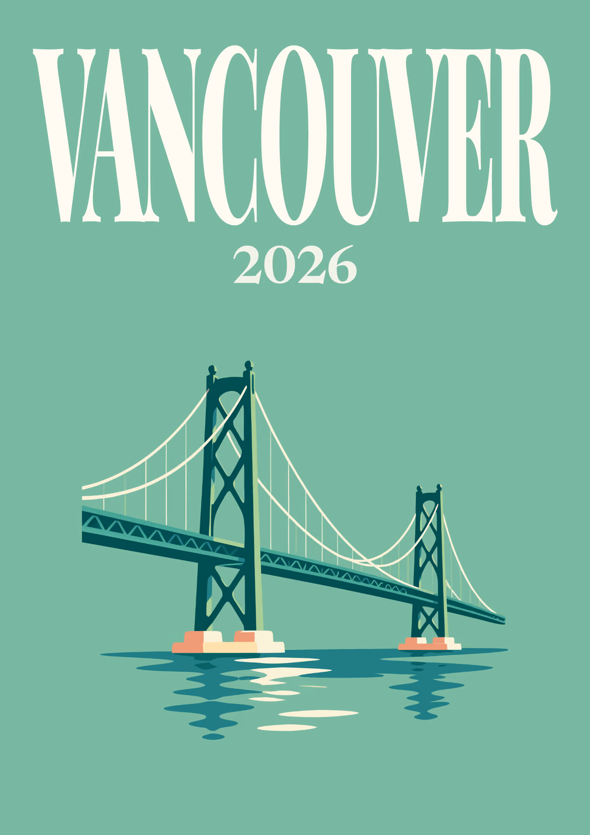 Vancouver illustrated Canada travel photo book cover with the Lions Gate suspension bridge on sea green