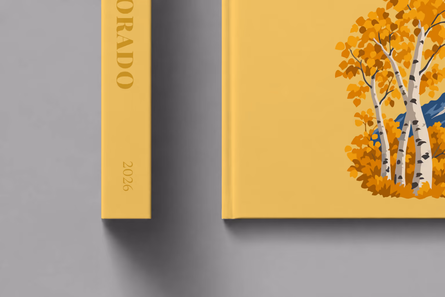 Colorado hardcover photo book with the illustrated cover of golden aspen trees and a mountain peak on mustard yellow, shown close up beside its spine on a pale grey studio surface