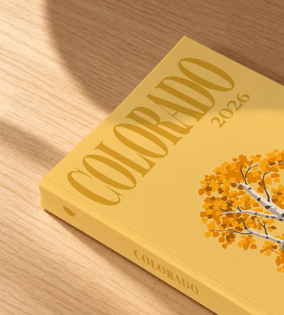 Colorado softcover photo book with the illustrated cover of golden aspen trees and a mountain peak on mustard yellow, lying on an oak desk in dappled afternoon sunlight