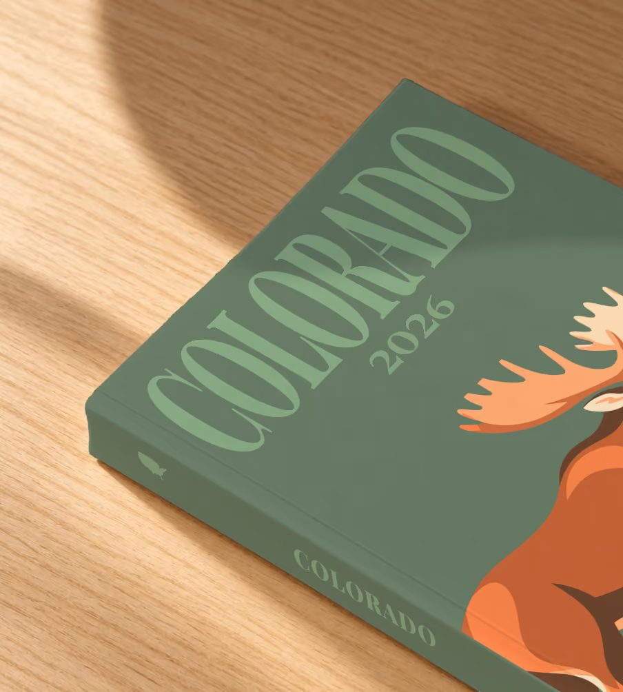 Colorado softcover photo book with the illustrated cover of a bull moose on sage green, lying on an oak desk in dappled afternoon sunlight