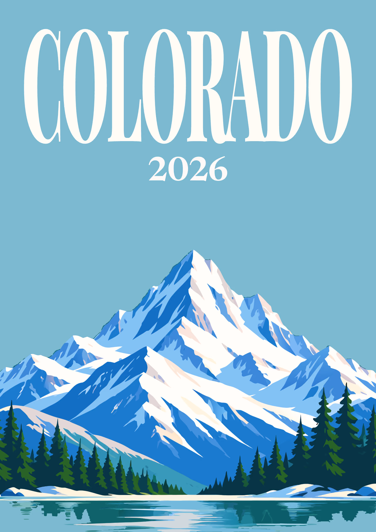 Colorado illustrated travel photo book cover with a snow-capped Rocky Mountain peak above a pine-lined lake on teal blue