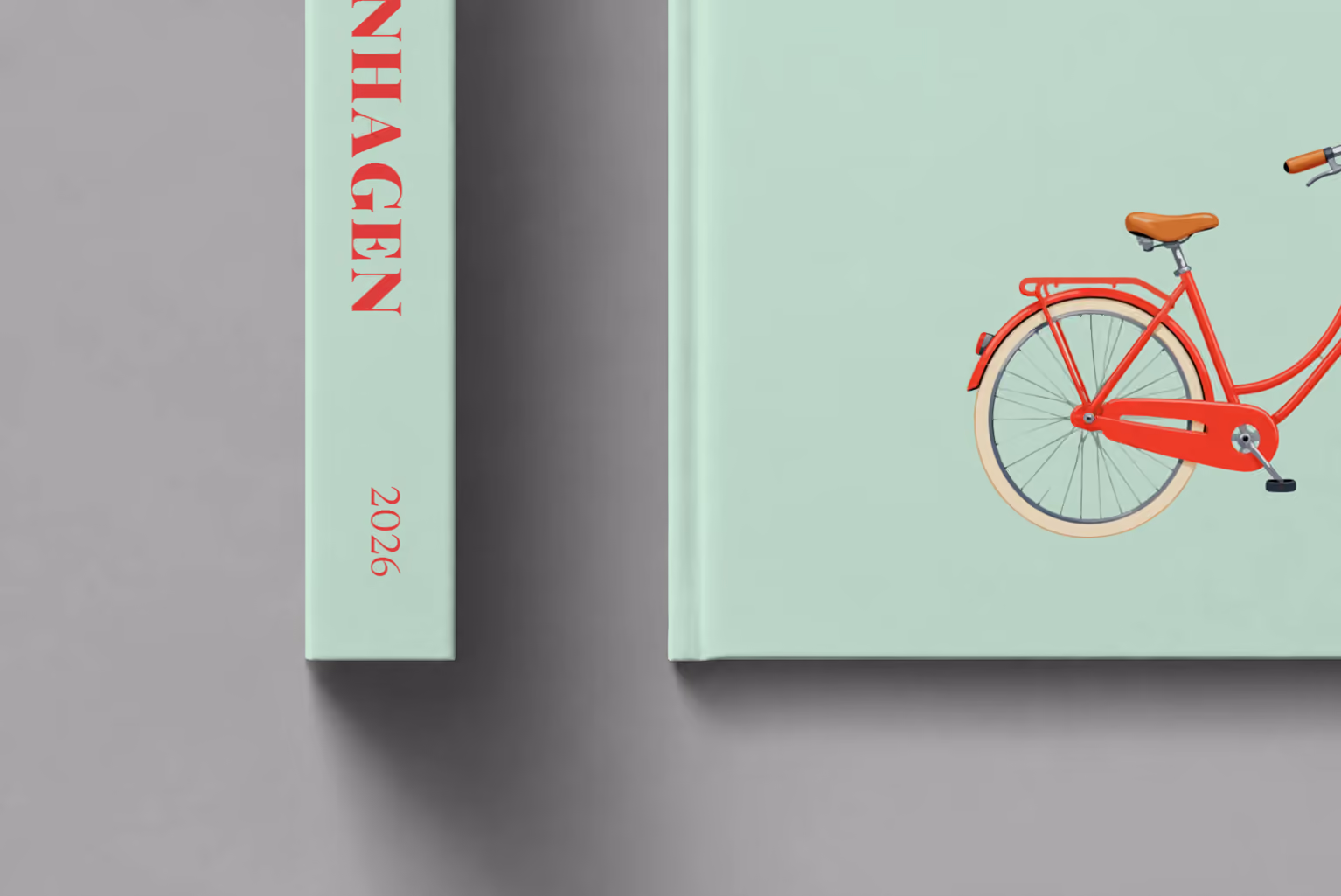 Denmark hardcover photo book with the Copenhagen illustrated cover of a red Copenhagen bicycle with a basket of daisies on mint green, shown close up beside its spine on a pale grey studio surface