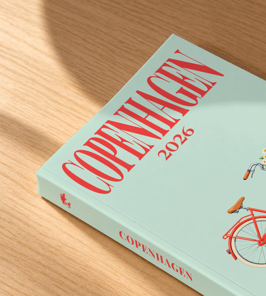 Denmark softcover photo book with the Copenhagen illustrated cover of a red Copenhagen bicycle with a basket of daisies on mint green, lying on an oak desk in dappled afternoon sunlight