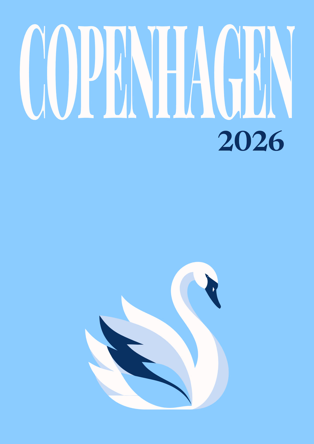 Copenhagen illustrated Denmark travel photo book cover with a white swan on sky blue