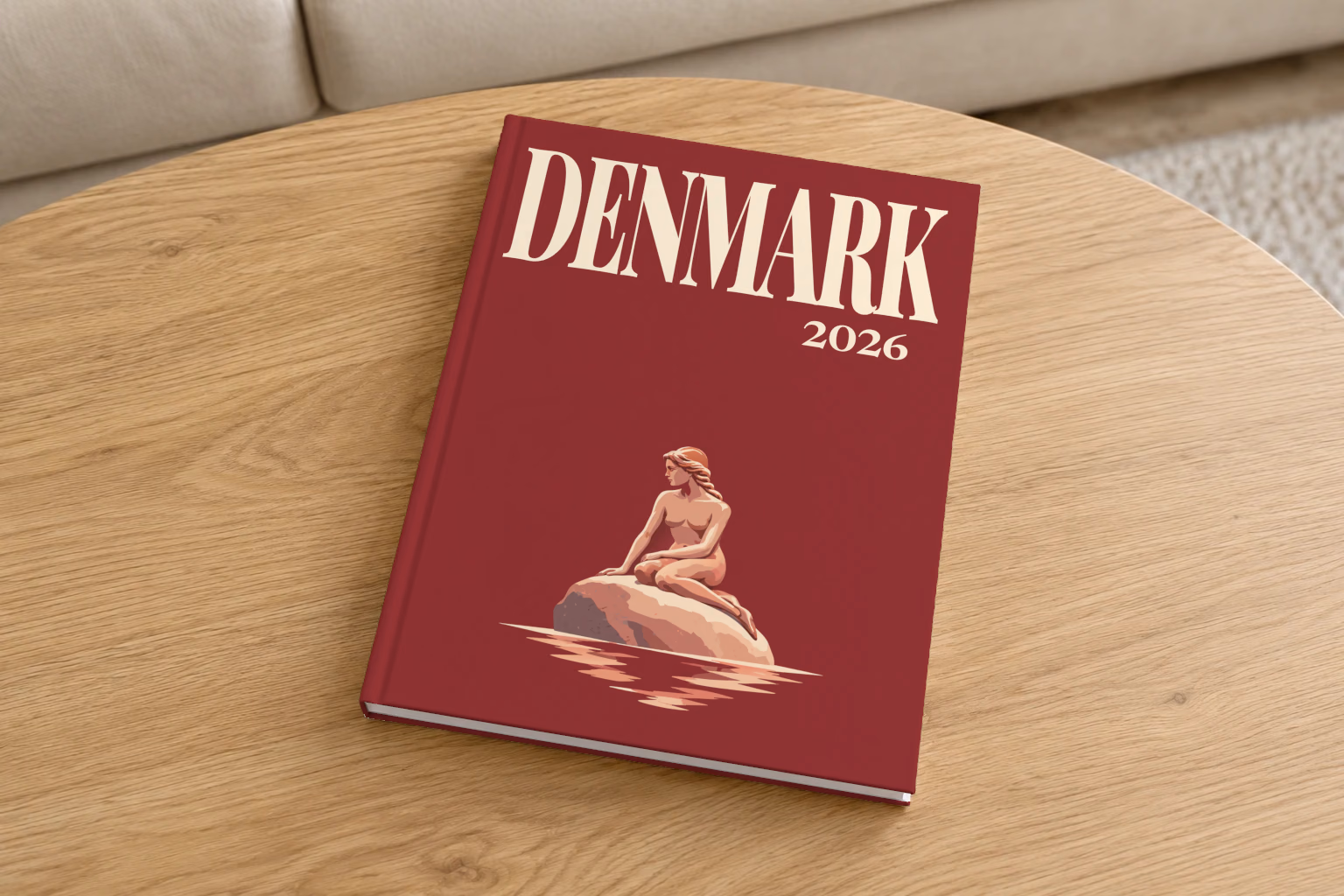 Denmark hardcover photo book with the illustrated cover of the Little Mermaid statue on her rock in Copenhagen on burgundy, on a round oak coffee table in a bright living room