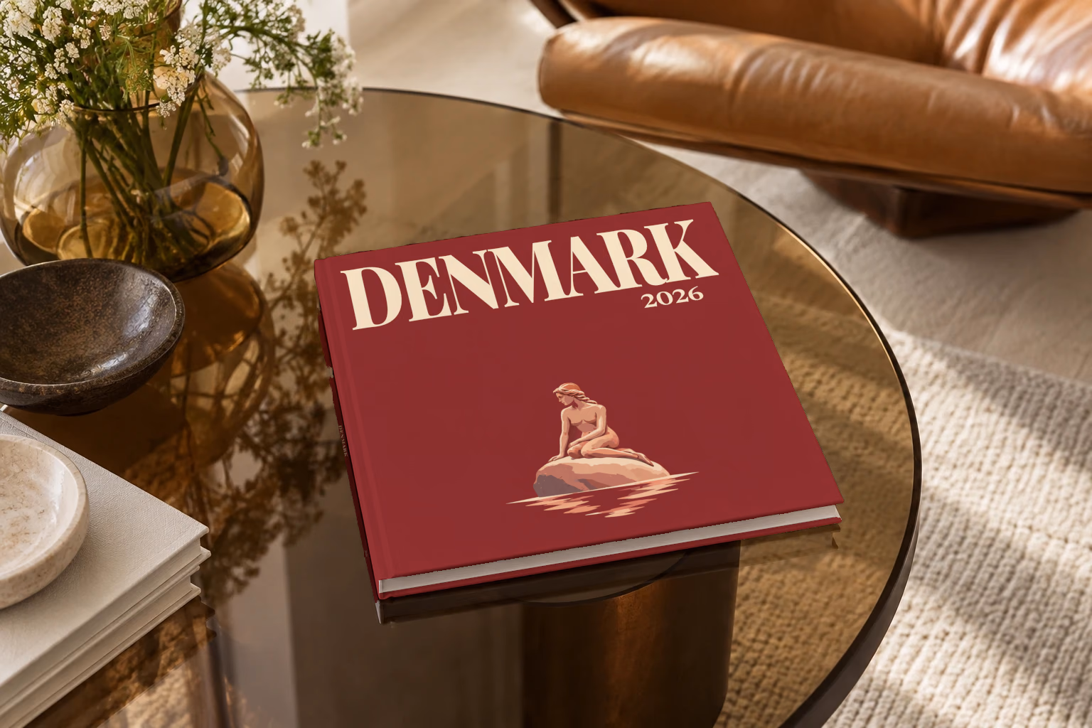 Denmark square hardcover photo book with the illustrated cover of the Little Mermaid statue on her rock in Copenhagen on burgundy, on a smoked glass coffee table beside a leather armchair in warm afternoon light