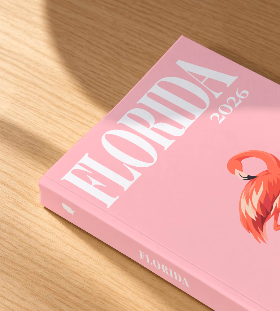 Florida softcover photo book with the illustrated cover of a pink flamingo on pink, lying on an oak desk in dappled afternoon sunlight