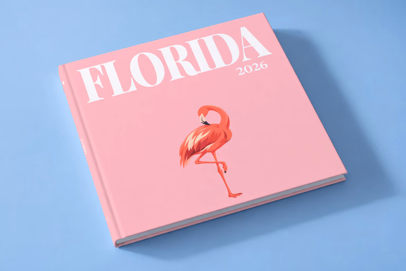 Florida square hardcover photo book with the illustrated cover of a pink flamingo on pink, lying on a pale blue studio backdrop