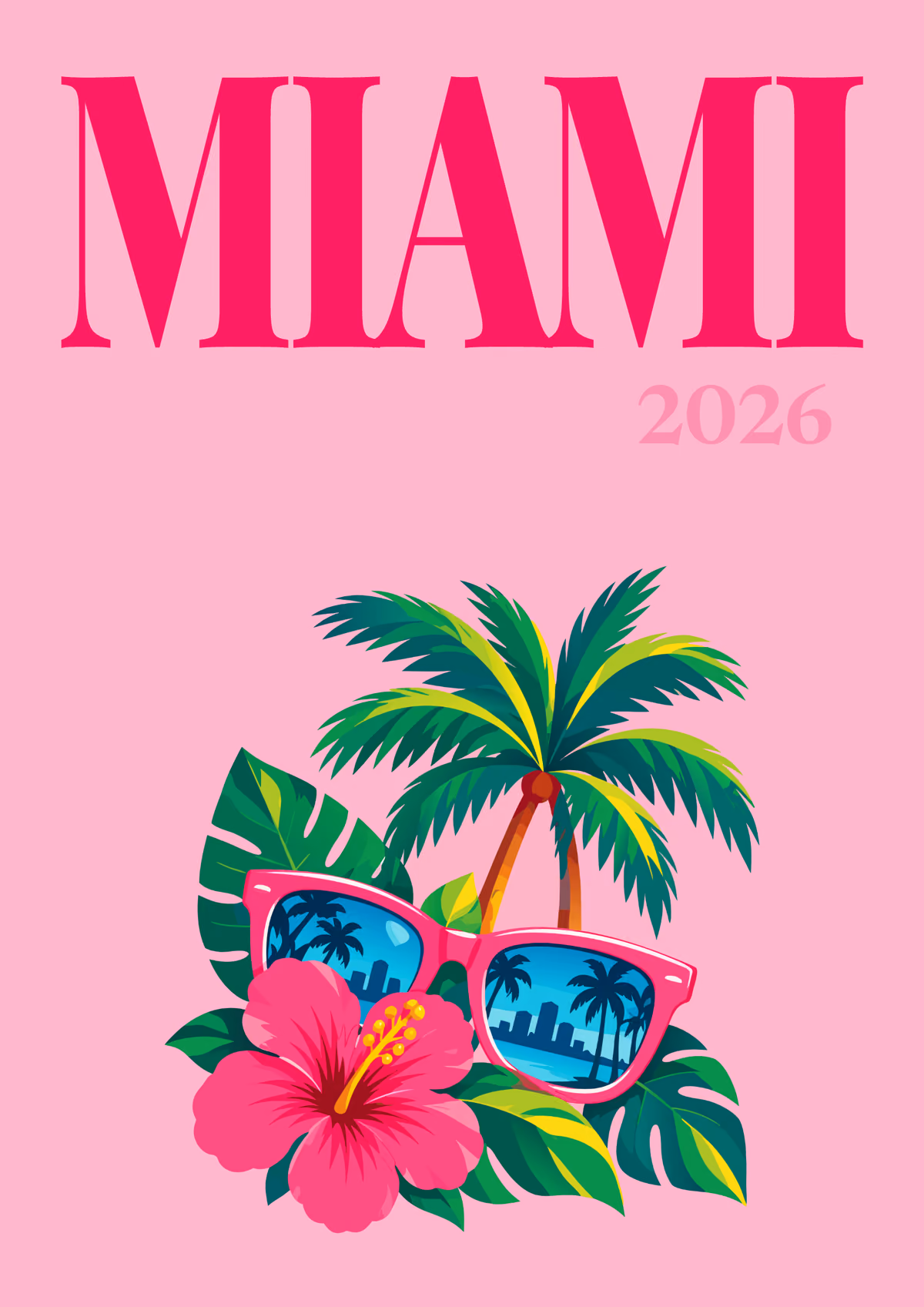 Miami illustrated Florida travel photo book cover with pink sunglasses reflecting palm trees, with hibiscus, on pink