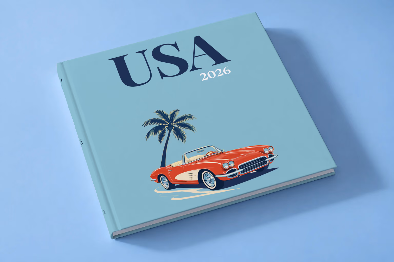 Florida square hardcover photo book with the USA illustrated cover of a red Corvette and a palm tree on dusty blue, lying on a pale blue studio backdrop