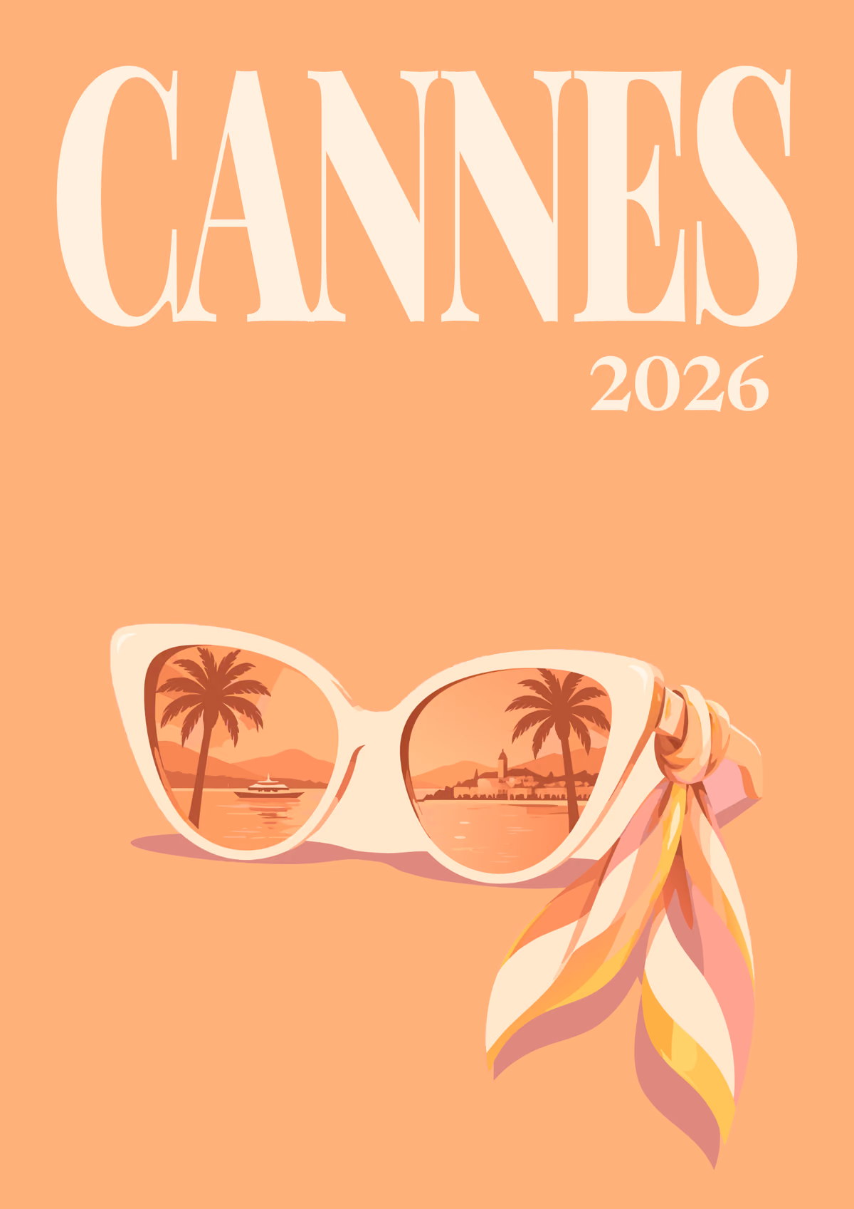 Cannes illustrated France travel photo book cover with sunglasses reflecting palm trees and a silk scarf on peach