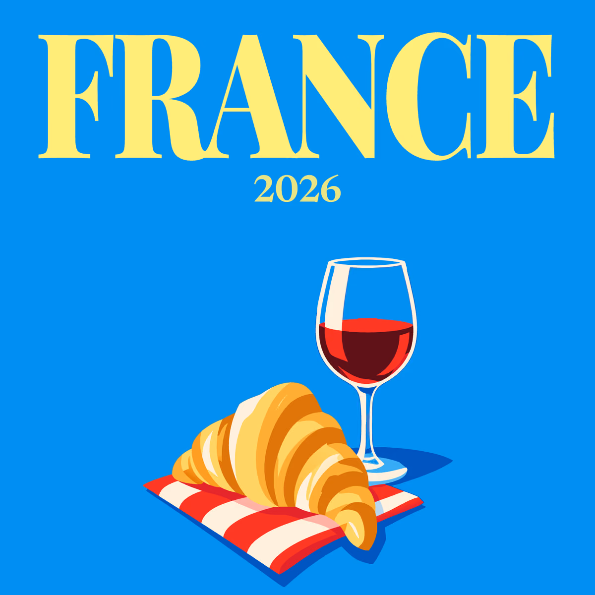 France illustrated square photo book cover with a croissant and a glass of red wine on bright blue