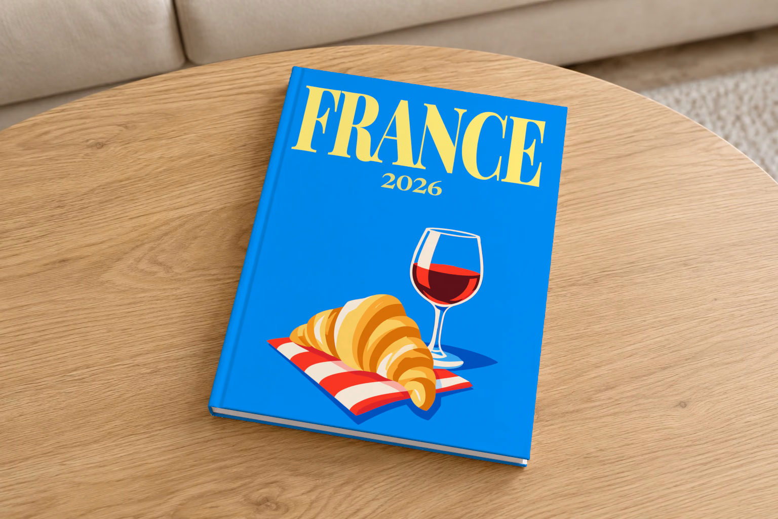 France hardcover photo book with the illustrated cover of a croissant and a glass of red wine on bright blue, on a round oak coffee table in a bright living room