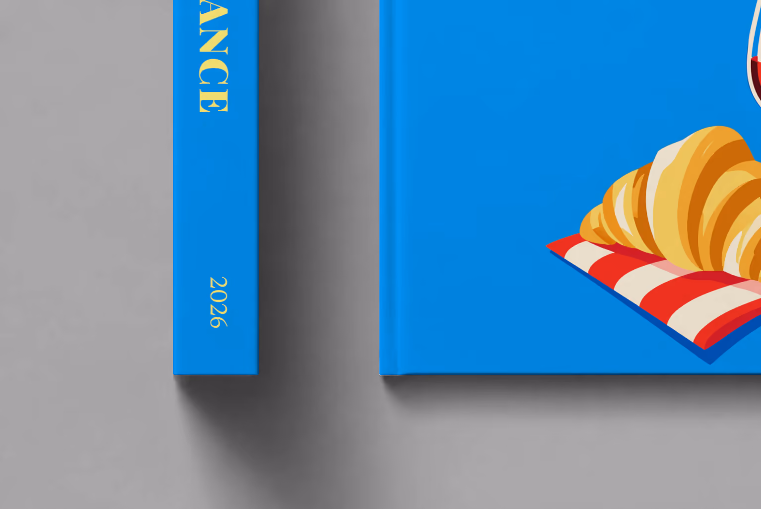 France hardcover photo book with the illustrated cover of a croissant and a glass of red wine on bright blue, shown close up beside its spine on a pale grey studio surface