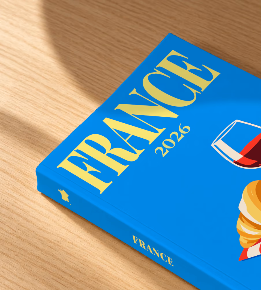 France softcover photo book with the illustrated cover of a croissant and a glass of red wine on bright blue, lying on an oak desk in dappled afternoon sunlight