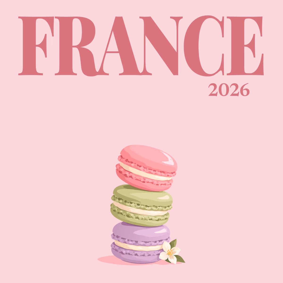 France illustrated square photo book cover with a stack of macarons on pale pink