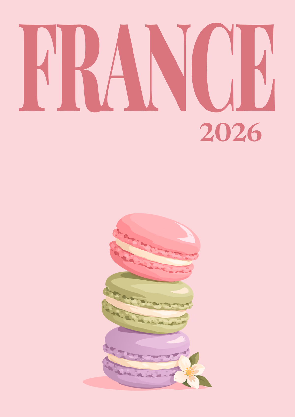 France illustrated travel photo book cover with a stack of macarons on pale pink