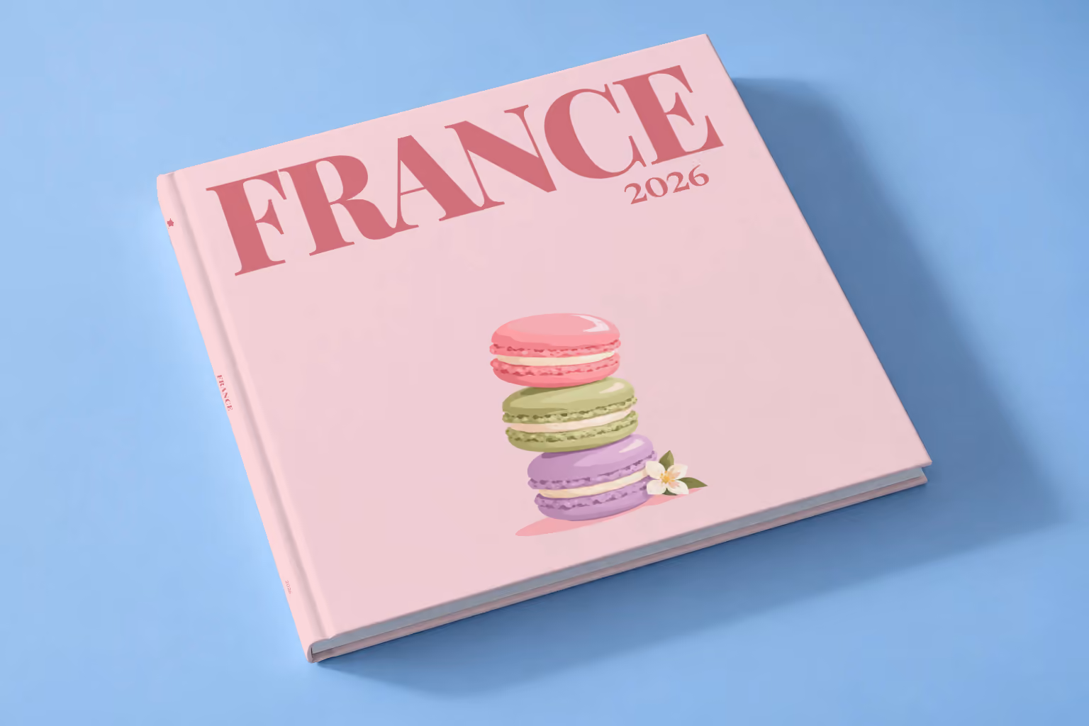 France square hardcover photo book with the illustrated cover of a stack of macarons on pale pink, lying on a pale blue studio backdrop