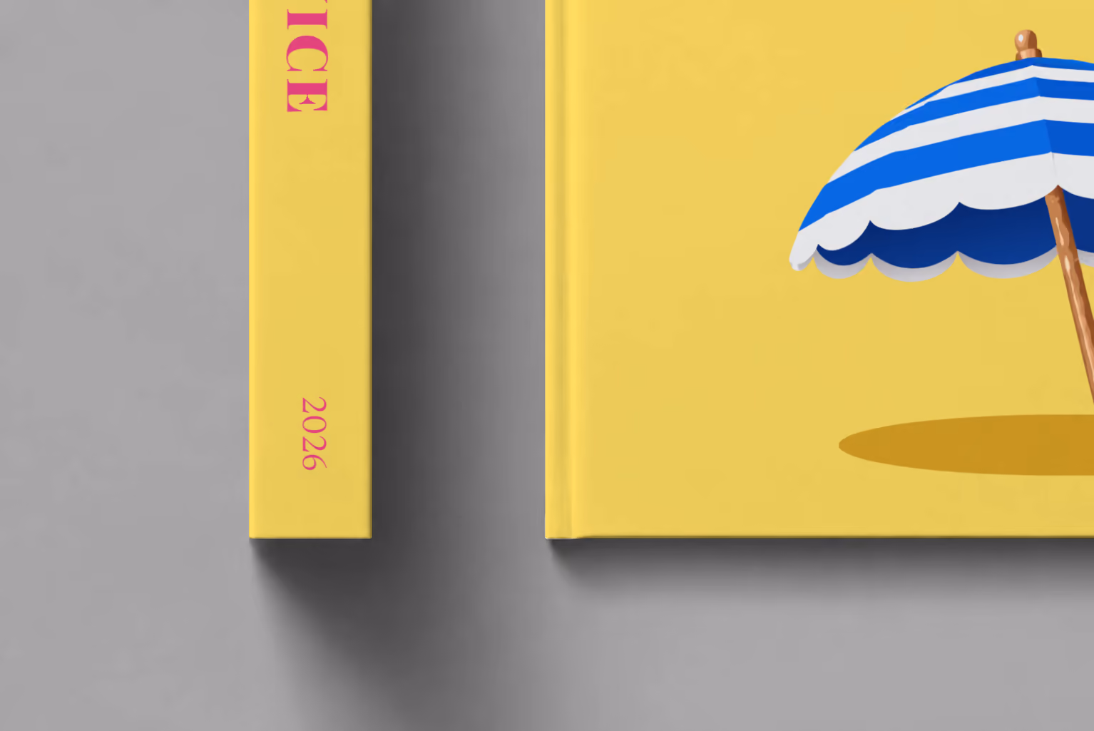 France hardcover photo book with the Nice illustrated cover of a blue and white striped beach umbrella on yellow, shown close up beside its spine on a pale grey studio surface