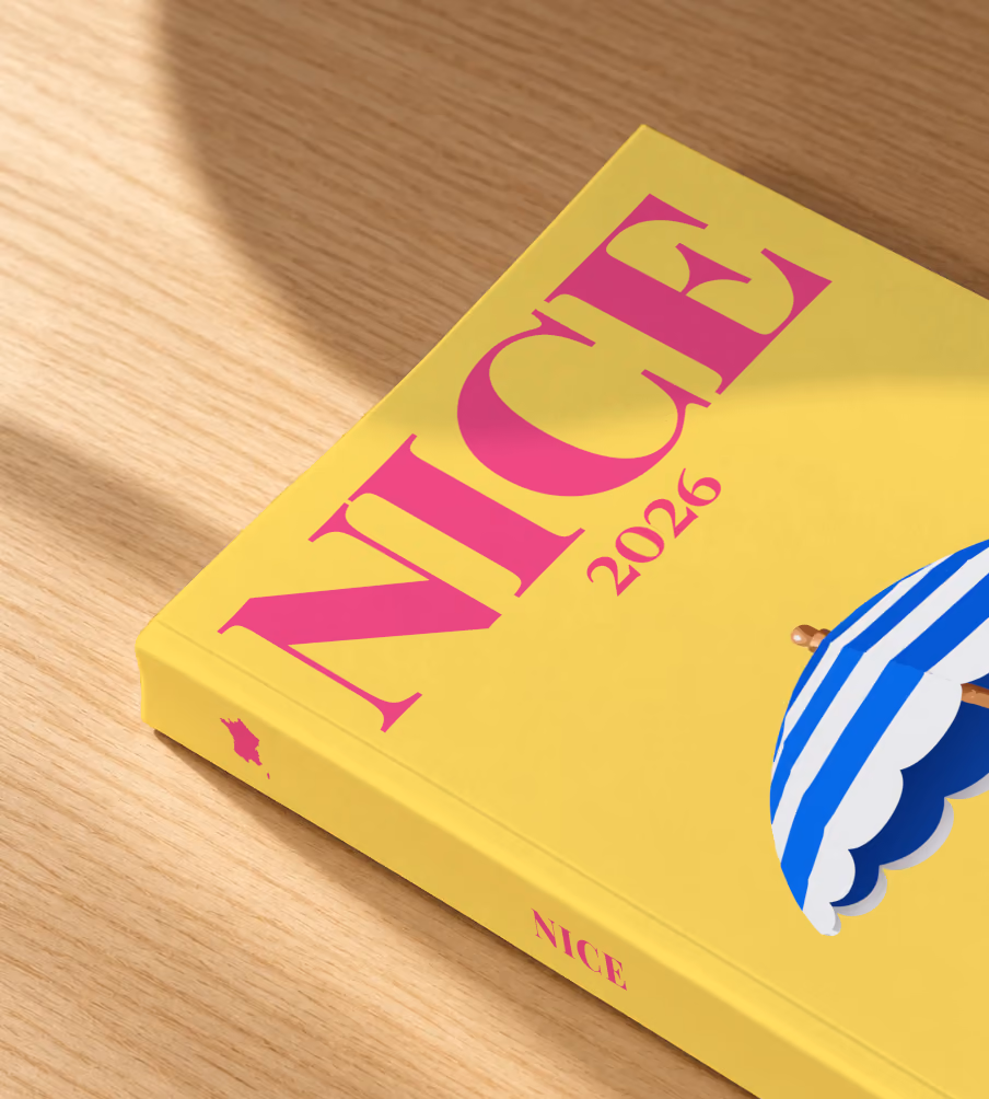 France softcover photo book with the Nice illustrated cover of a blue and white striped beach umbrella on yellow, lying on an oak desk in dappled afternoon sunlight