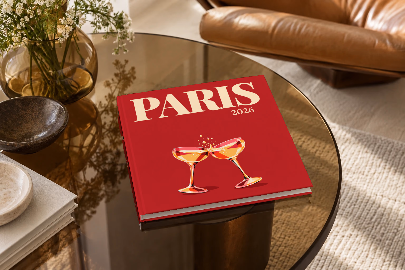 France square hardcover photo book with the Paris illustrated cover of two champagne coupes on deep red, on a smoked glass coffee table beside a leather armchair in warm afternoon light