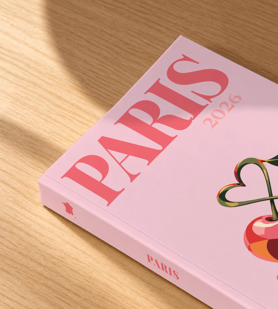 France softcover photo book with the Paris illustrated cover of cherries with heart-shaped stems on pale pink, lying on an oak desk in dappled afternoon sunlight