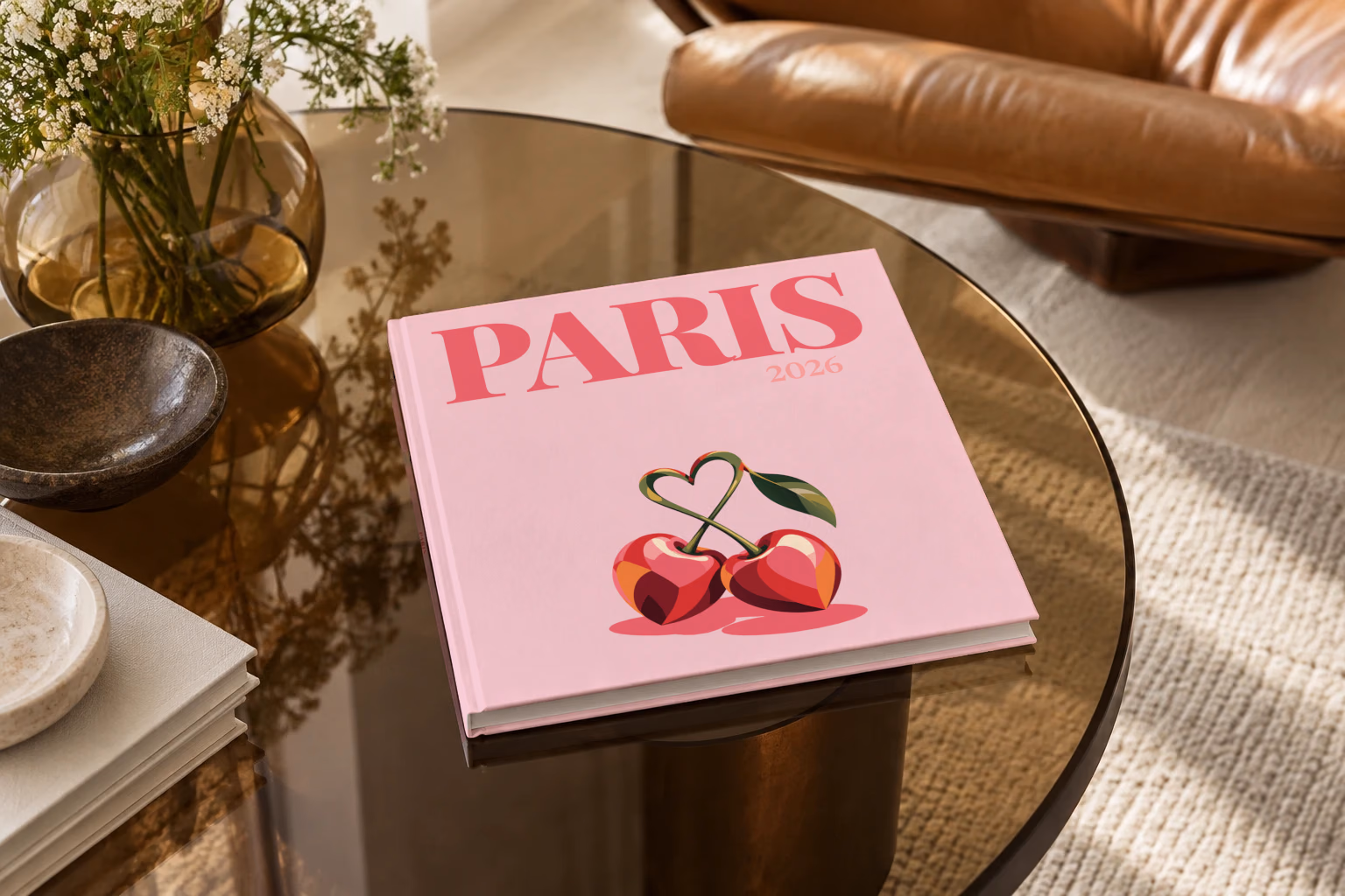 France square hardcover photo book with the Paris illustrated cover of cherries with heart-shaped stems on pale pink, on a smoked glass coffee table beside a leather armchair in warm afternoon light