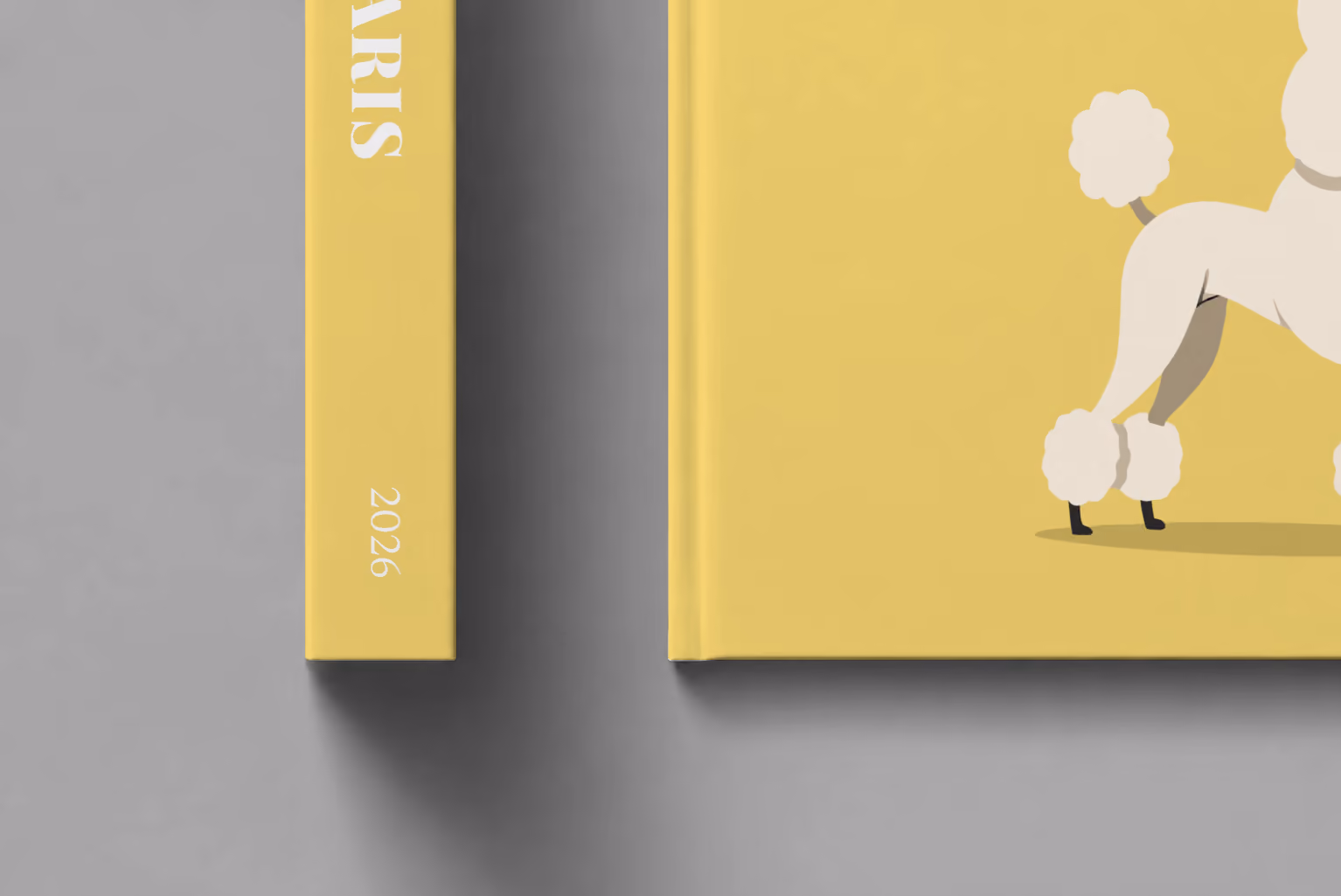 France hardcover photo book with the Paris illustrated cover of a white poodle with a red bow on yellow, shown close up beside its spine on a pale grey studio surface