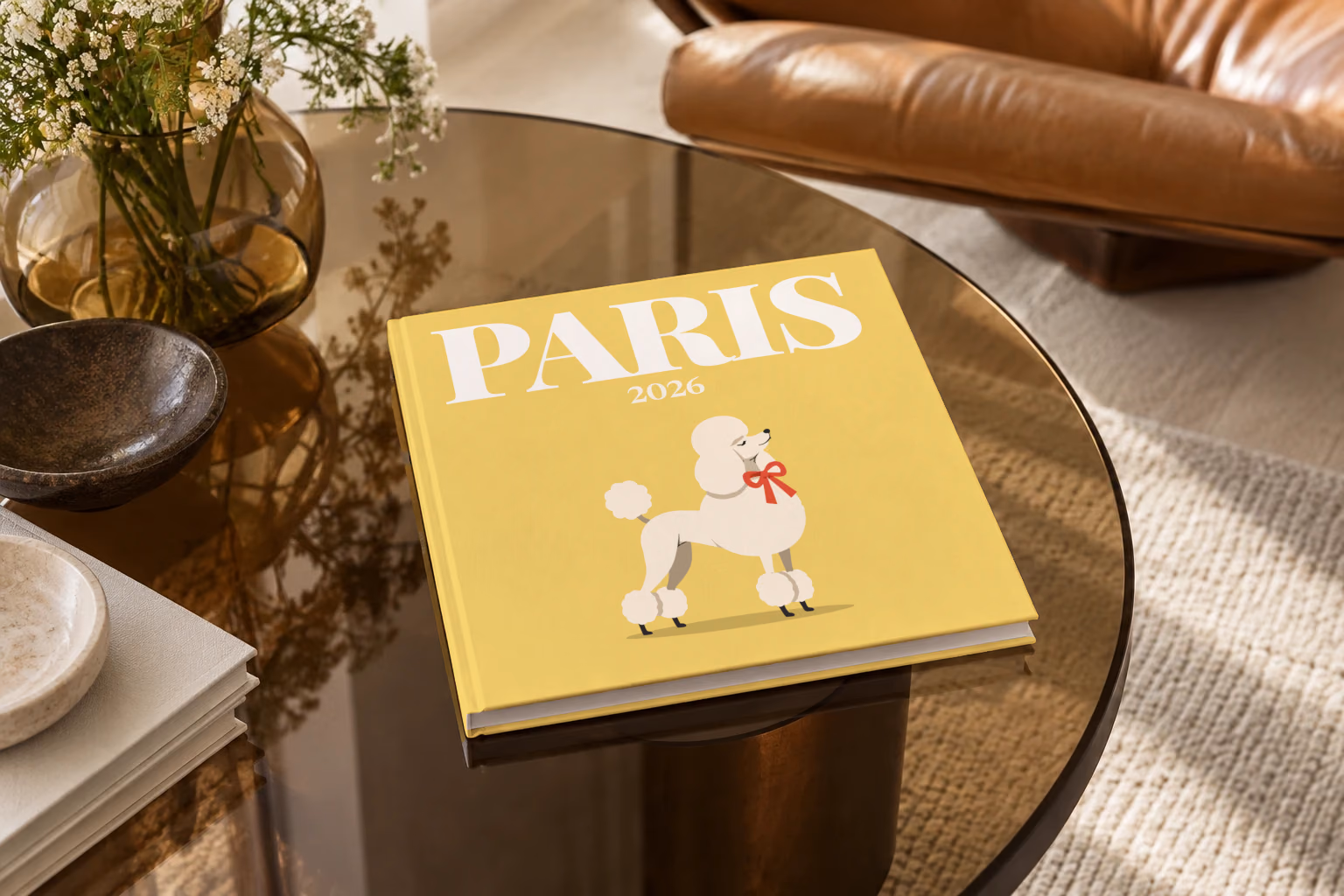 France square hardcover photo book with the Paris illustrated cover of a white poodle with a red bow on yellow, on a smoked glass coffee table beside a leather armchair in warm afternoon light