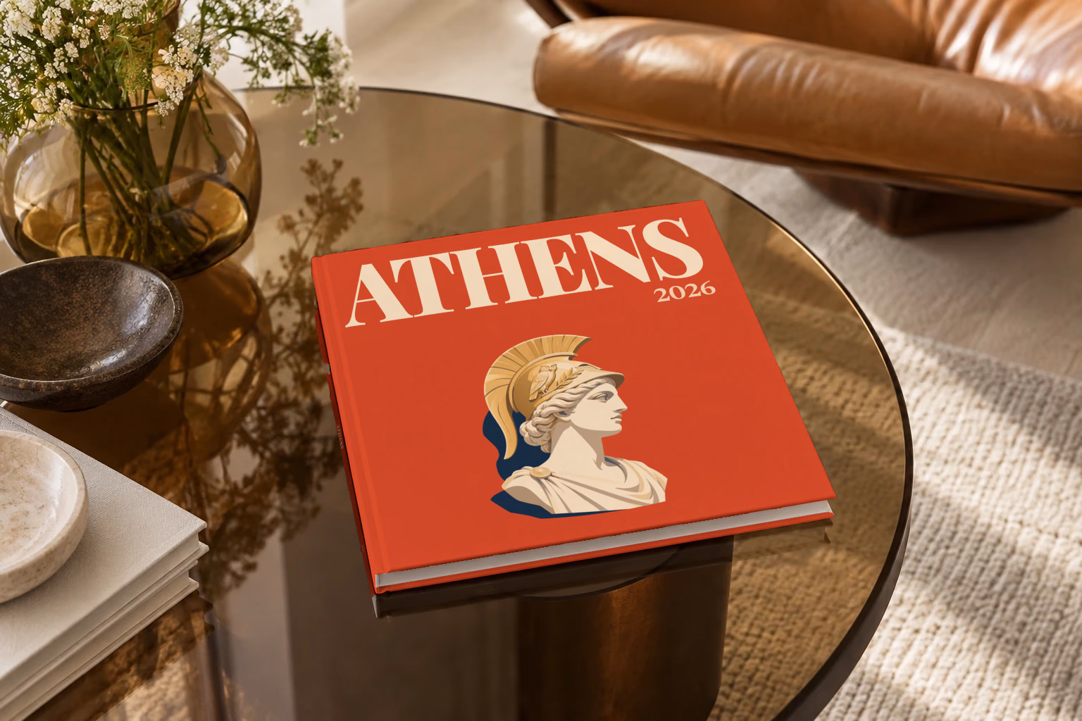 Greece square hardcover photo book with the Athens illustrated cover of a bust of Athena in a helmet on red, on a smoked glass coffee table beside a leather armchair in warm afternoon light