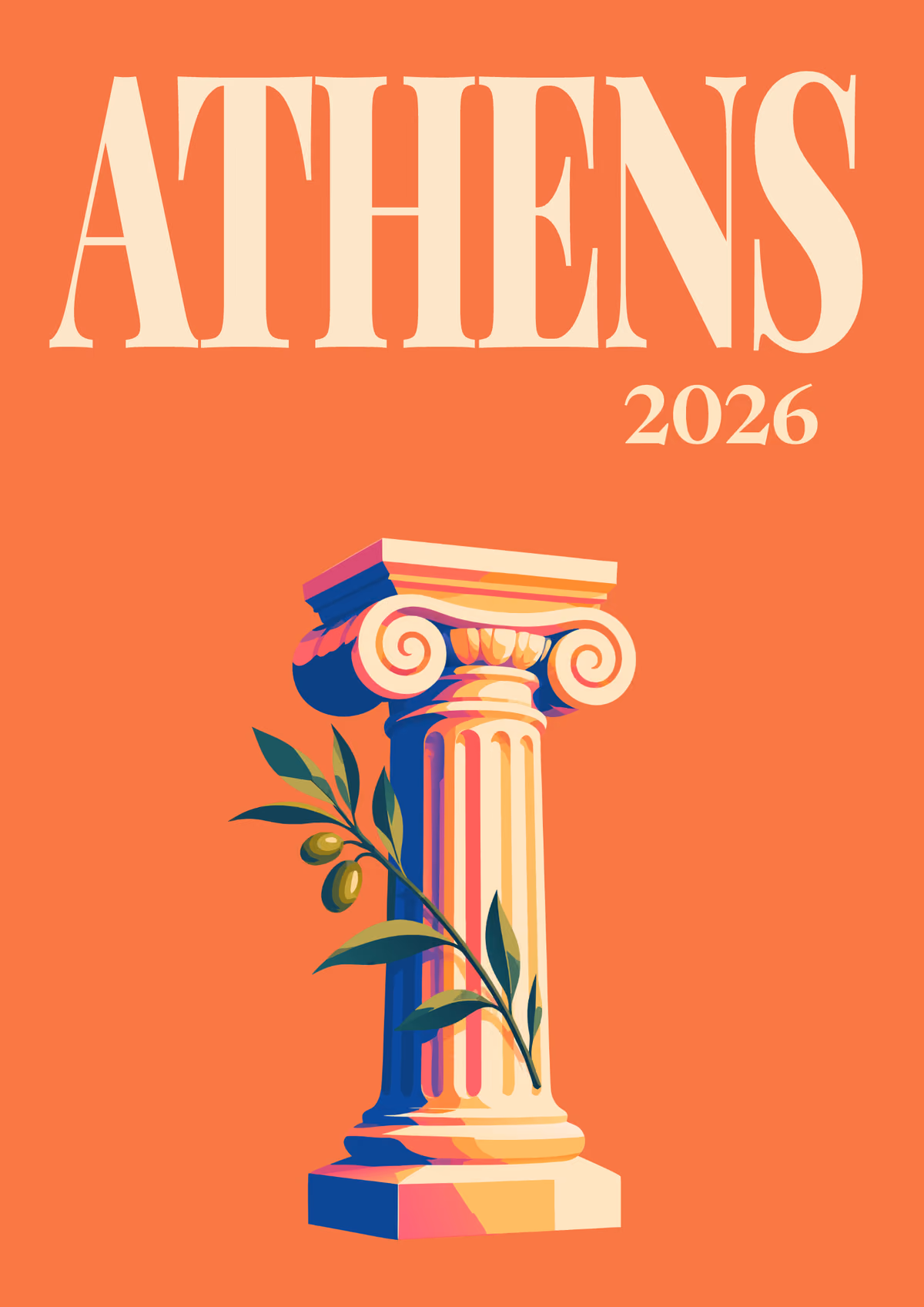 Athens illustrated Greece travel photo book cover with an Ionic column and an olive sprig on orange