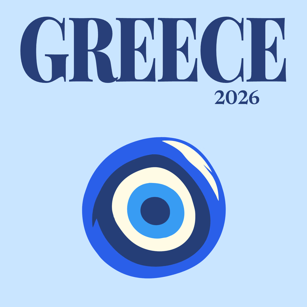 Greece illustrated square photo book cover with an evil eye on pale blue