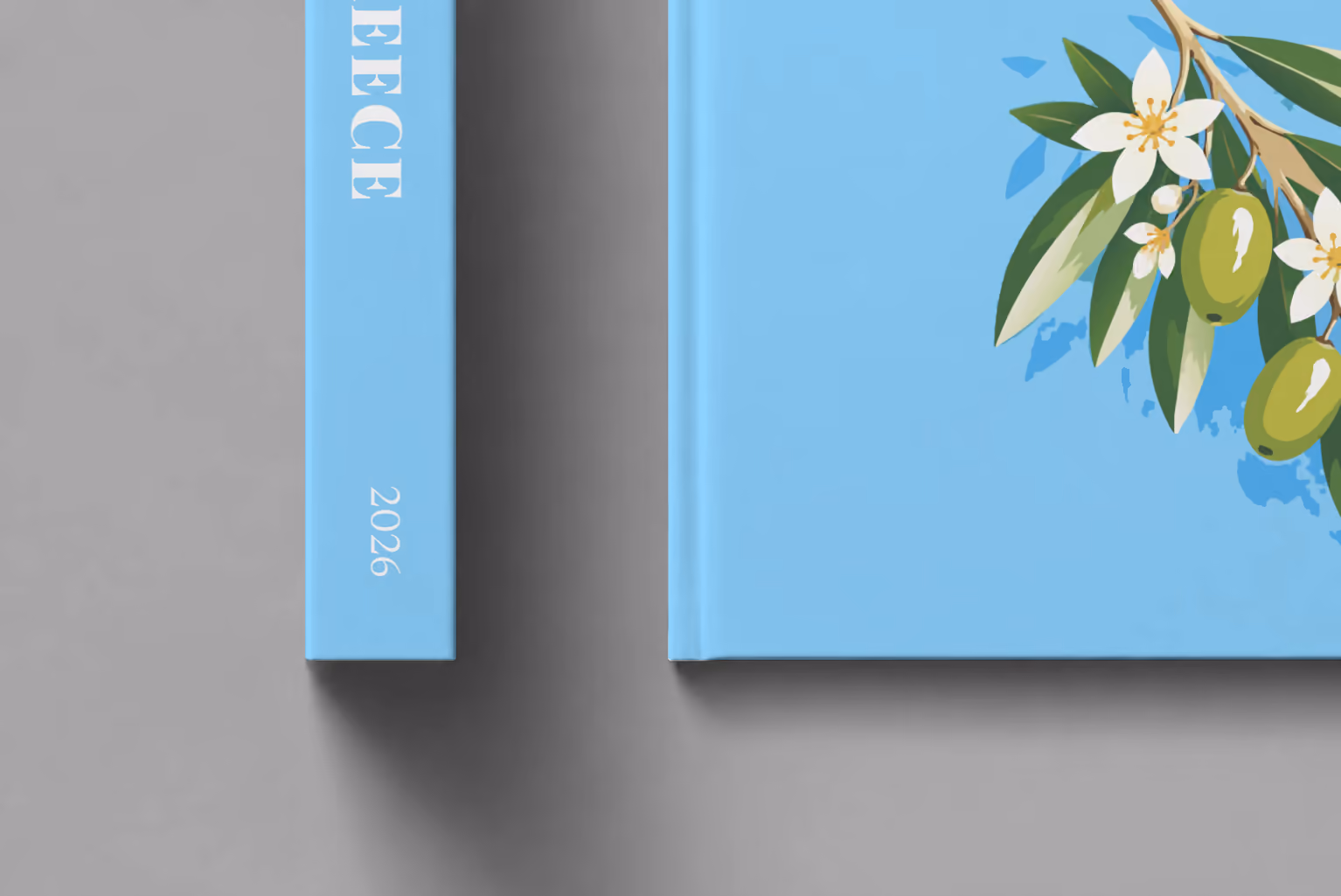 Greece hardcover photo book with the illustrated cover of an olive branch with blossom on sky blue, shown close up beside its spine on a pale grey studio surface
