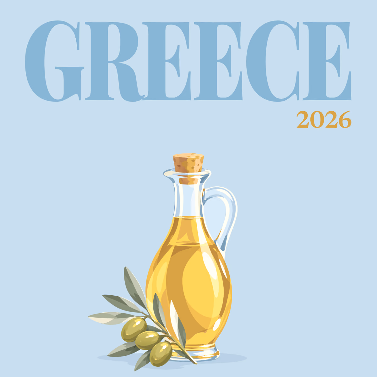 Greece illustrated square photo book cover with a bottle of olive oil and olives on pale blue