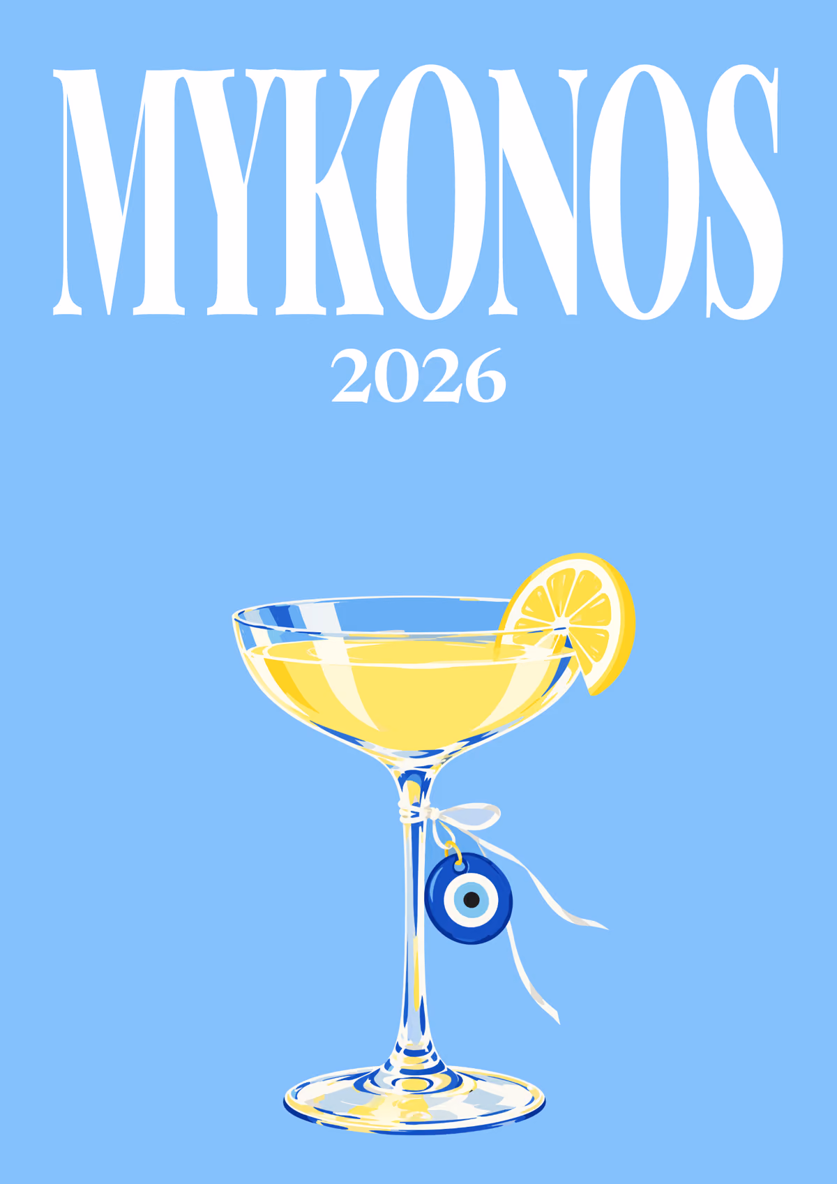 Mykonos illustrated Greece travel photo book cover with a cocktail coupe with an evil eye charm on blue