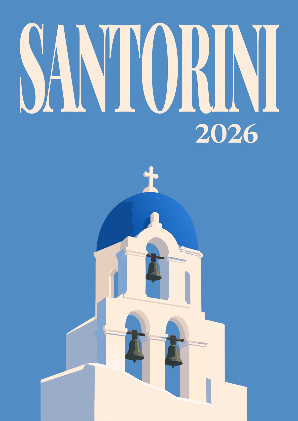 Santorini illustrated Greece travel photo book cover with a blue-domed bell tower on blue