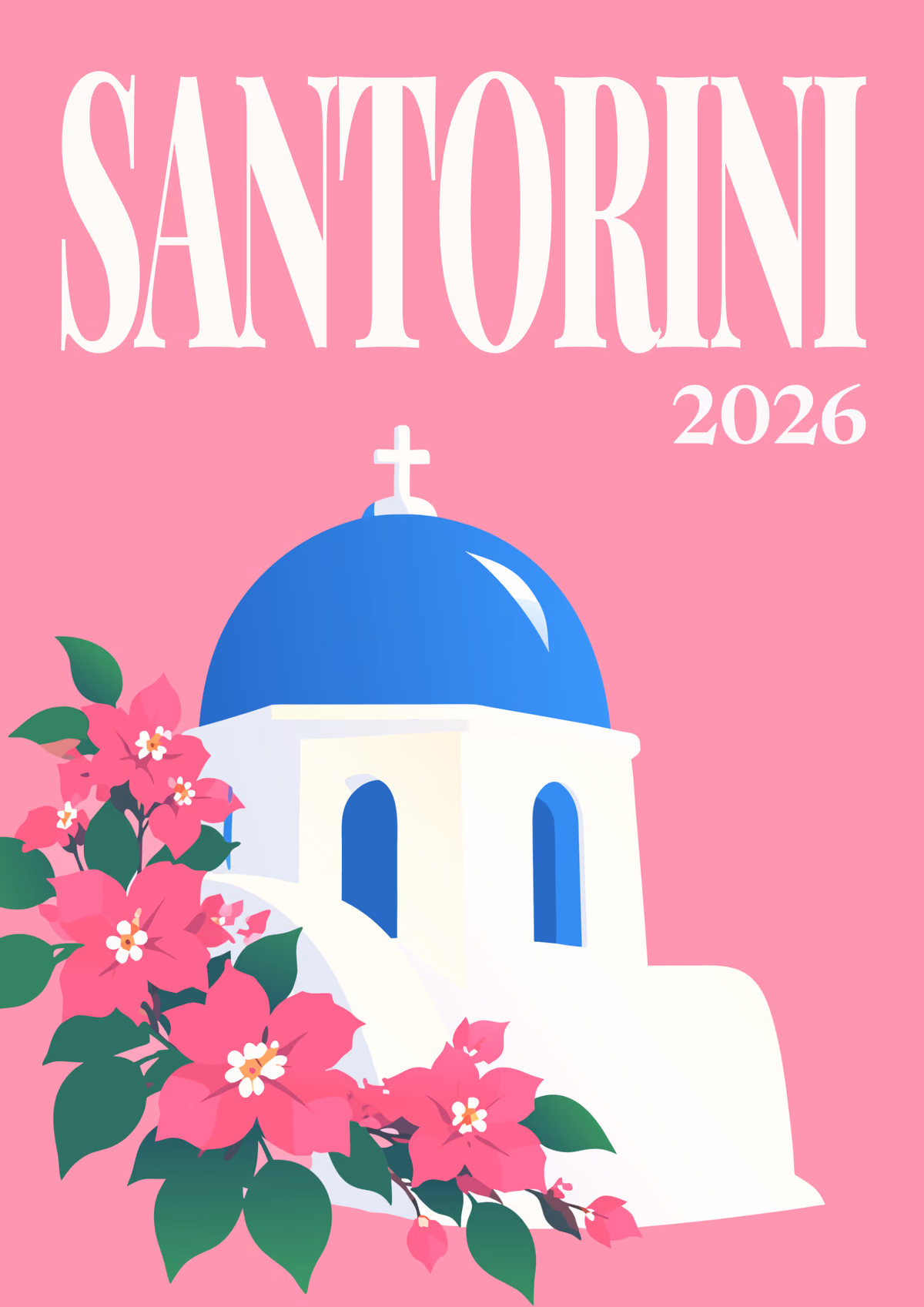 Santorini illustrated Greece travel photo book cover with a blue-domed chapel and bougainvillea on pink