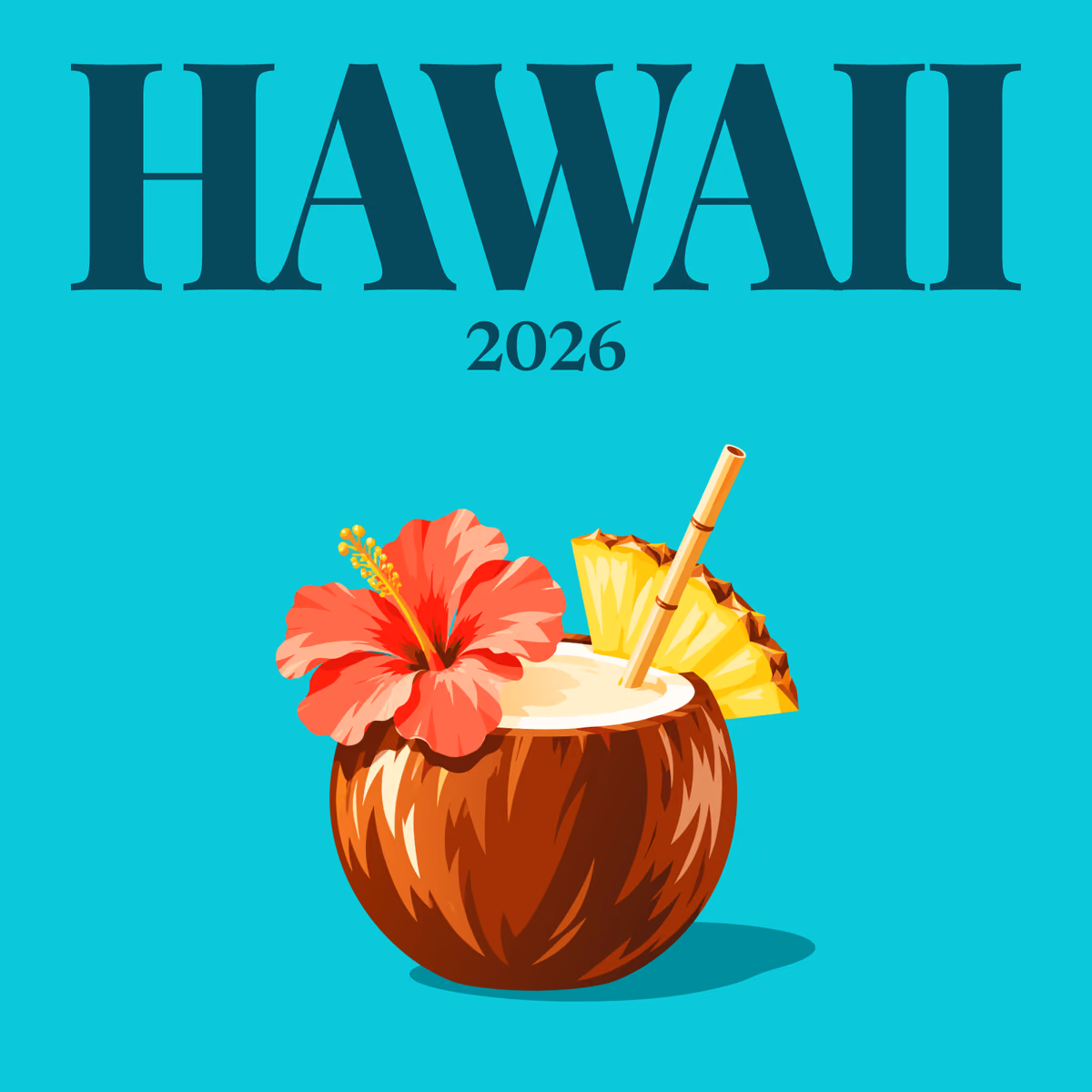 Hawaii illustrated square photo book cover with a coconut drink with hibiscus and pineapple on turquoise