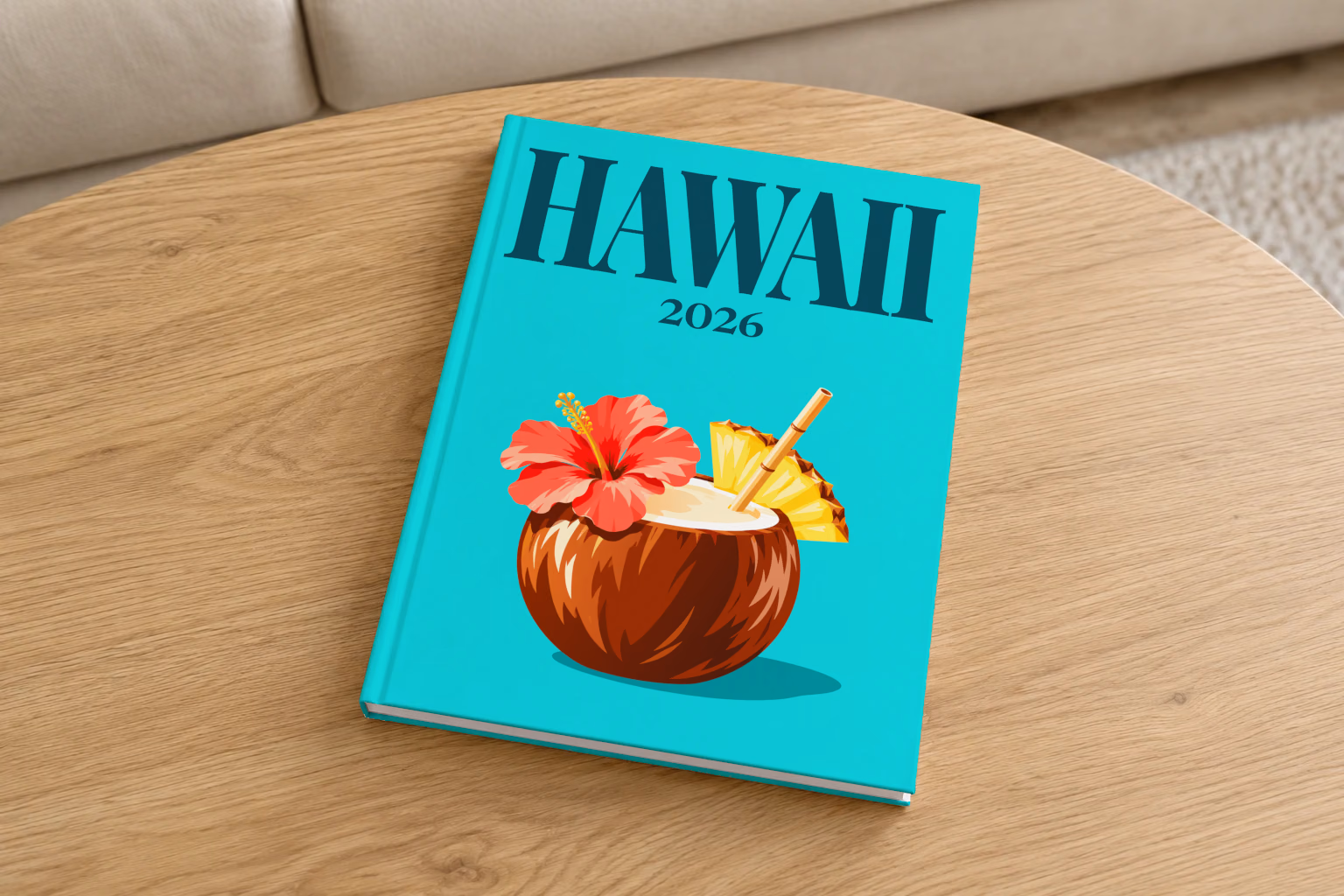 Hawaii hardcover photo book with the illustrated cover of a coconut drink with hibiscus and pineapple on turquoise, on a round oak coffee table in a bright living room