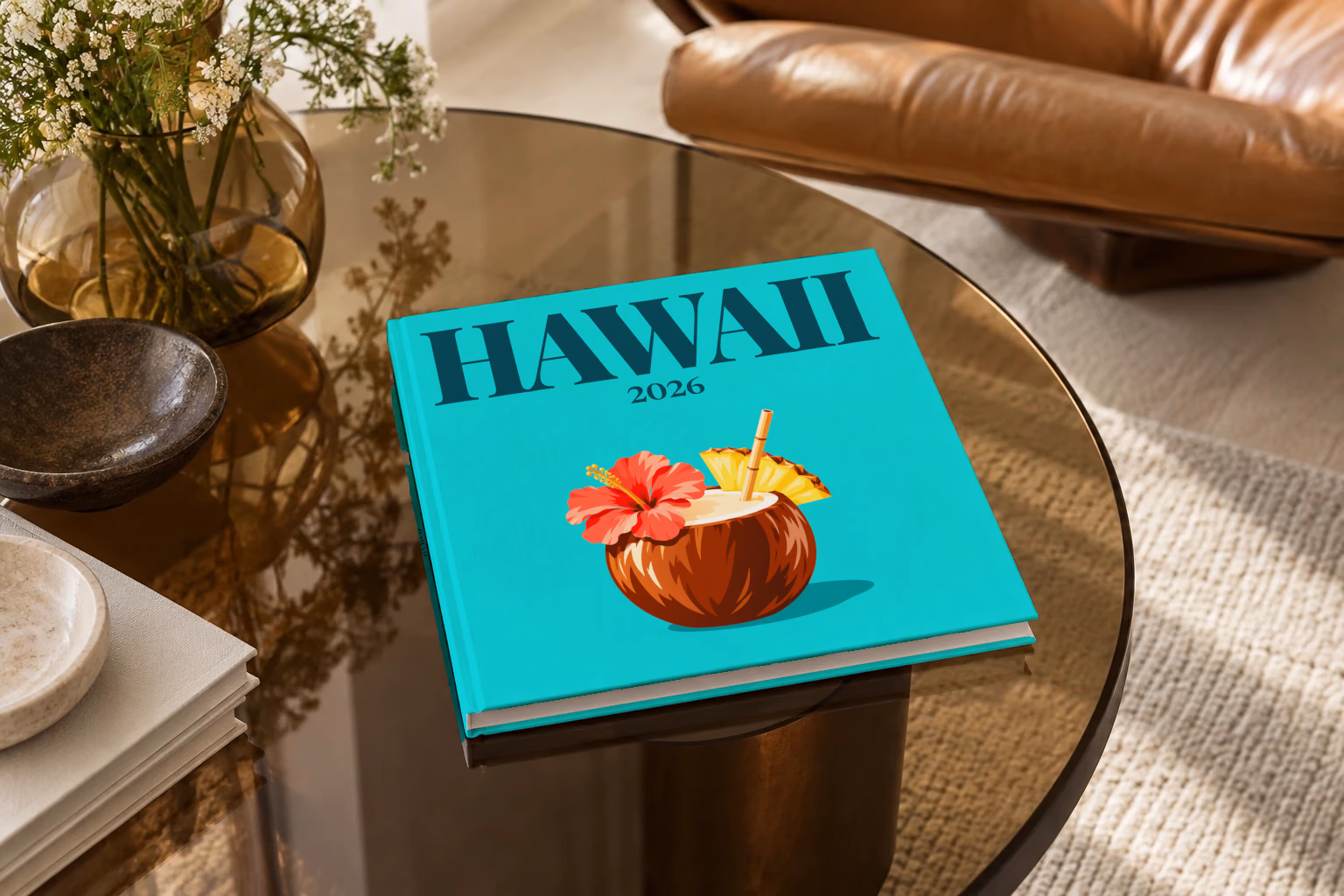 Hawaii square hardcover photo book with the illustrated cover of a coconut drink with hibiscus and pineapple on turquoise, on a smoked glass coffee table beside a leather armchair in warm afternoon light