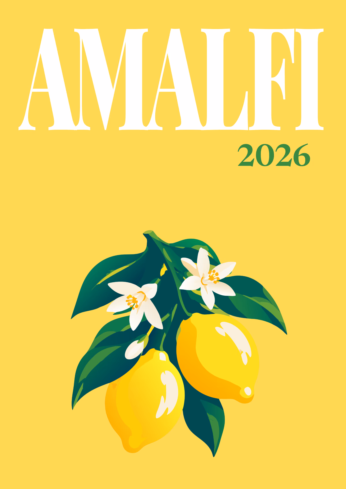 Amalfi illustrated Italy travel photo book cover with lemons and blossom on yellow