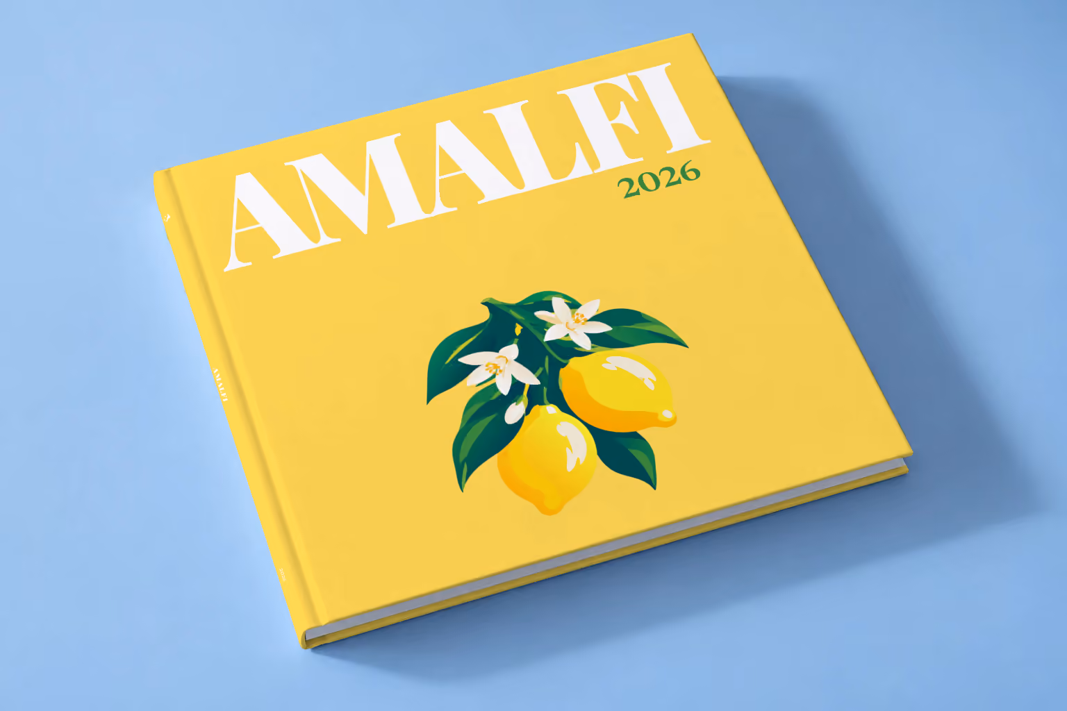 Italy square hardcover photo book with the Amalfi illustrated cover of lemons and blossom on yellow, lying on a pale blue studio backdrop