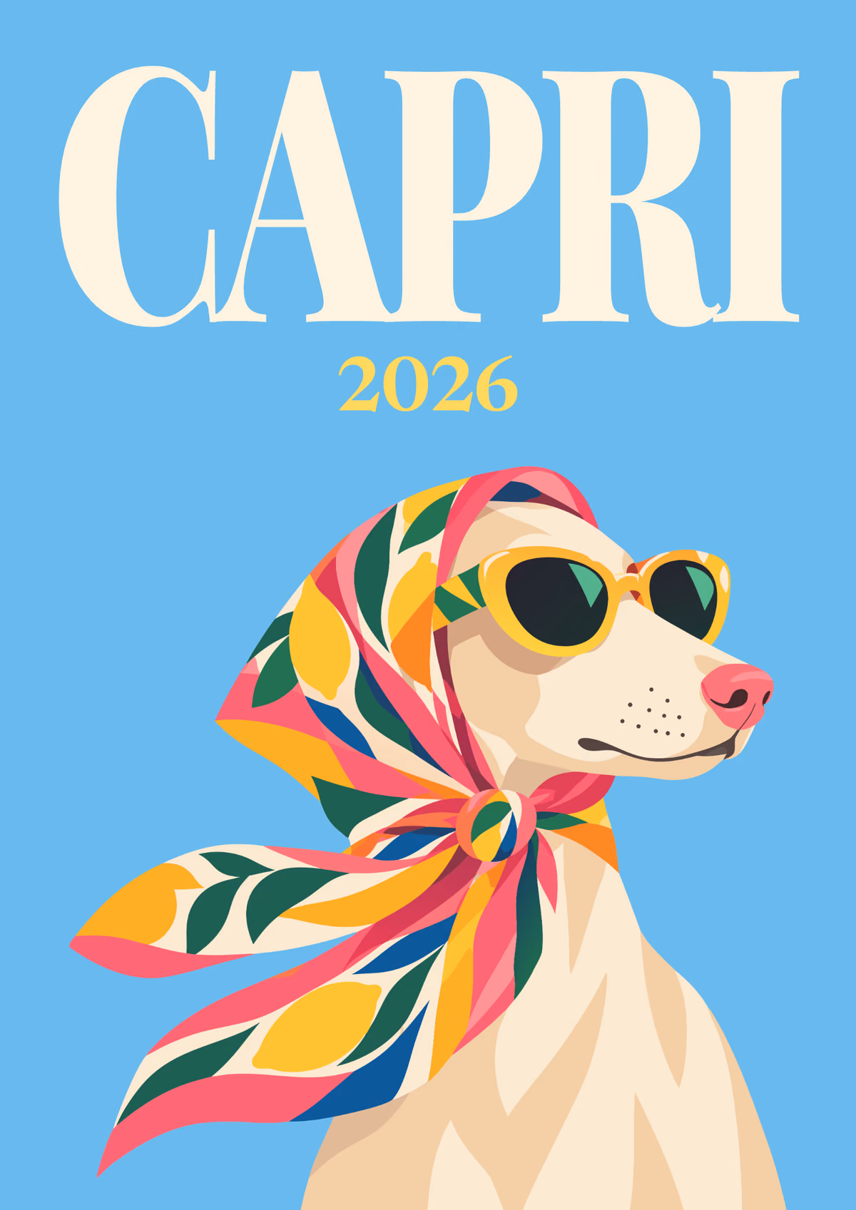 Capri illustrated Italy travel photo book cover with a dog in a headscarf and sunglasses on sky blue