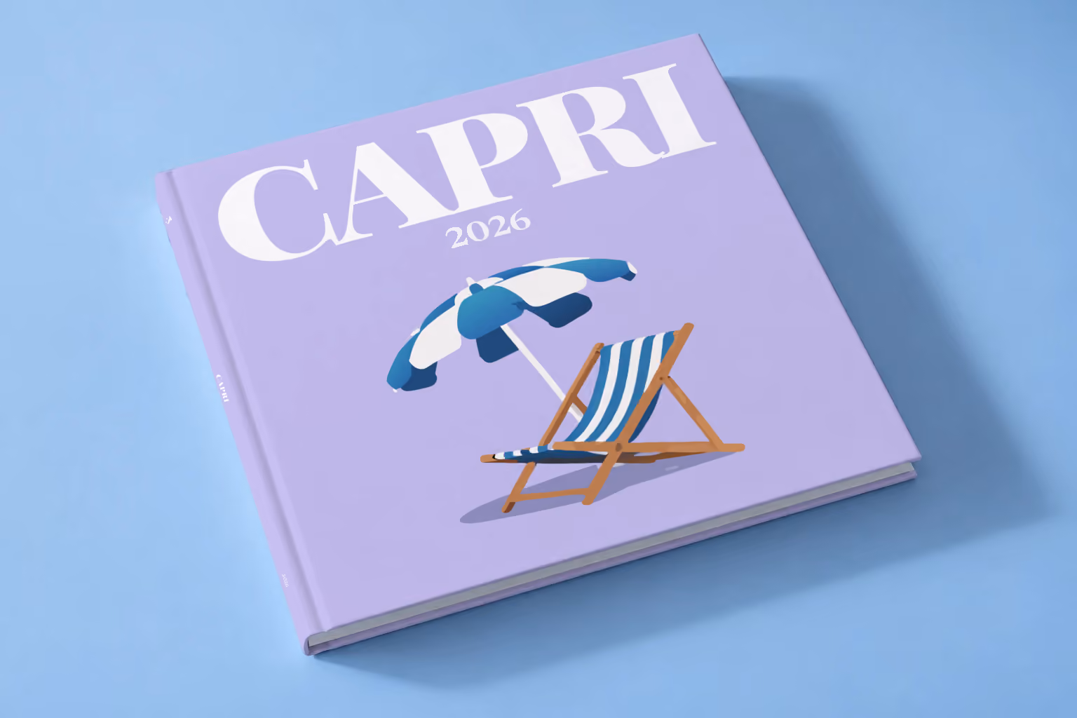 Italy square hardcover photo book with the Capri illustrated cover of a striped beach umbrella and deckchair on lilac, lying on a pale blue studio backdrop