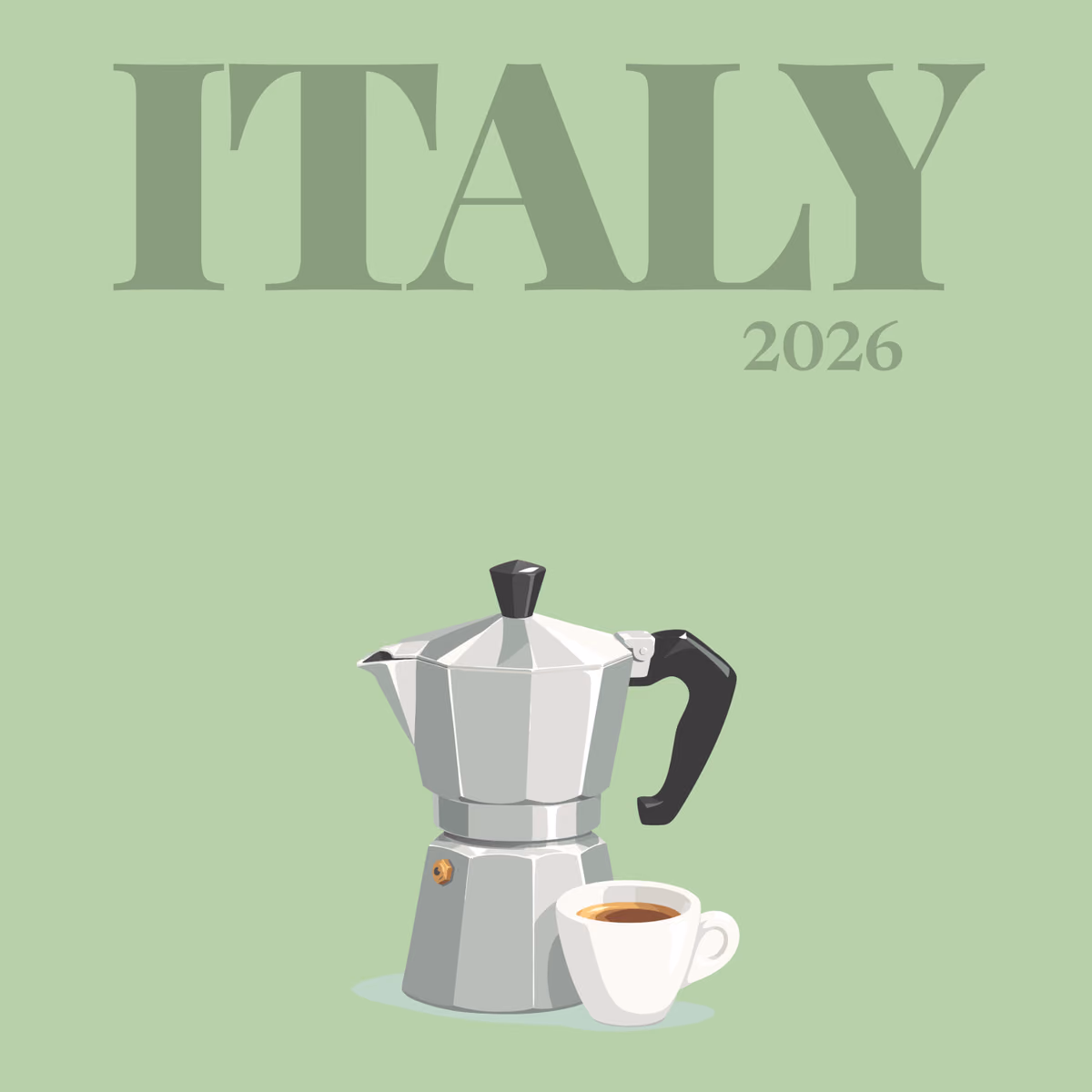 Italy illustrated square photo book cover with a moka pot and an espresso cup on sage green
