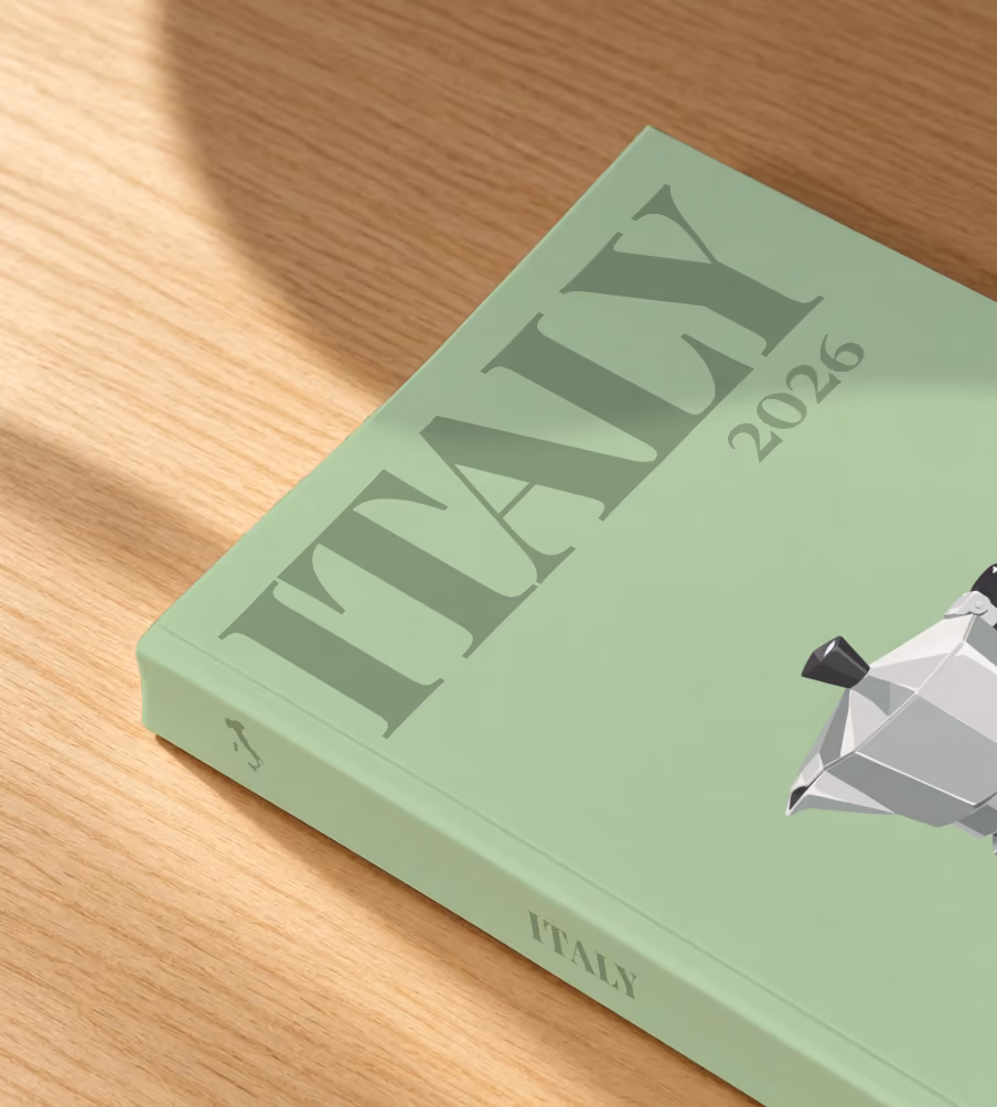 Italy softcover photo book with the illustrated cover of a moka pot and an espresso cup on sage green, lying on an oak desk in dappled afternoon sunlight
