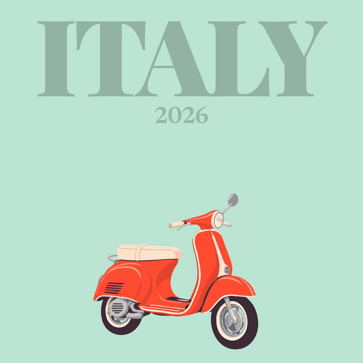 Italy illustrated square photo book cover with a red Vespa scooter on mint green