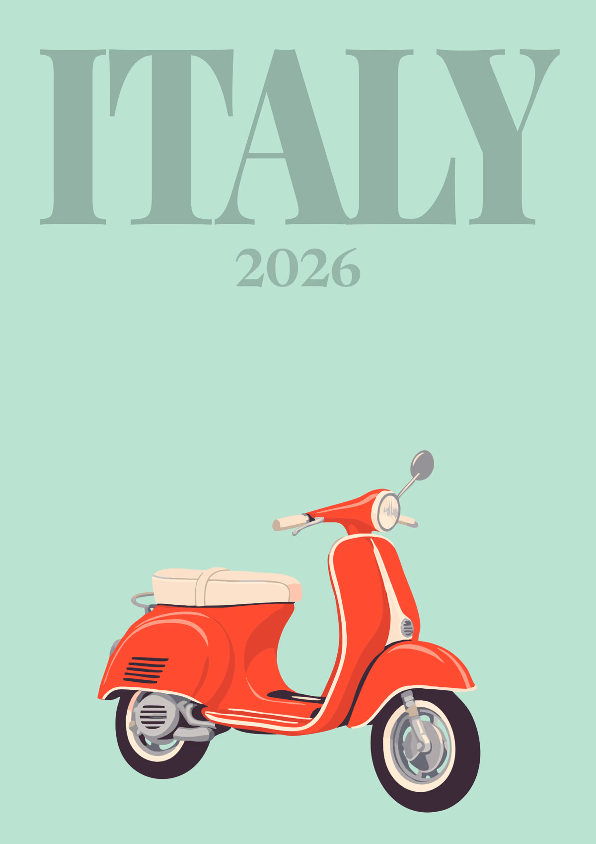 Italy illustrated travel photo book cover with a red Vespa scooter on mint green