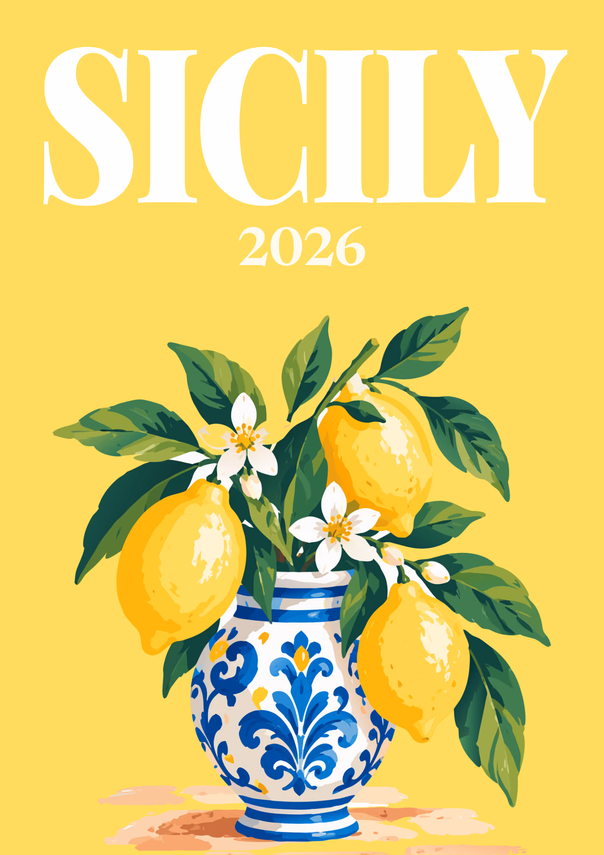 Sicily illustrated Italy travel photo book cover with lemons in a blue majolica vase on yellow