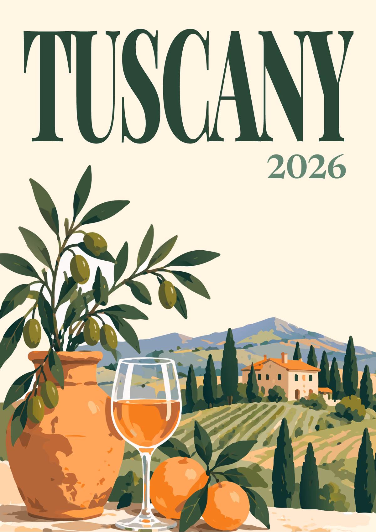 Tuscany illustrated Italy travel photo book cover with an olive tree, a glass of wine and Tuscan vineyards on cream
